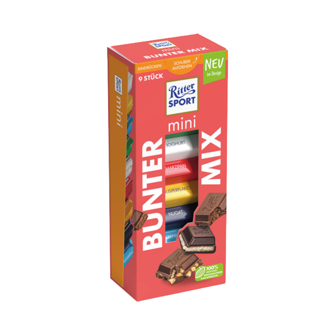 Ritter Sport Mini Bunter Mix, 6 Sorten (Knusperflakes, Alpenmilch, Joghurt, Marzipan, Nugat, Haselnuss), 9 Stück, 150g